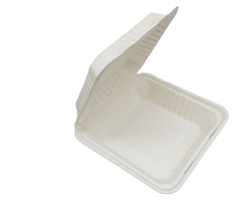 8 Inch square white Clamshell Bagasse Box 